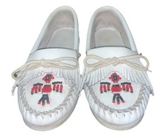 MINNETONKA White Leather Moccasins Beaded Thunderbird Softsole Size 7.5