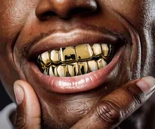 14K Gold Electroplated Custom 8 Top 8 Bottom Mouth Teeth Grillz Player Pro Model