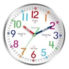 Wall Clock for Kids Learning to Tell Time Easily Non Ticking 8 Inch Silver