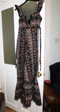 LADIES VINTAGE DOROTHY PERKINS BOHO LONG BLACK COTTON RETRO PRINT DRESS 12