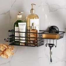 Shower Caddy Suction Cup with Hooks and Soap Holder, Heavy Duty Bathroom Shower