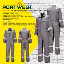 Portwest FR513 FR Chemical Resistant Coverall Flame Resistant Boilersuit - Grey