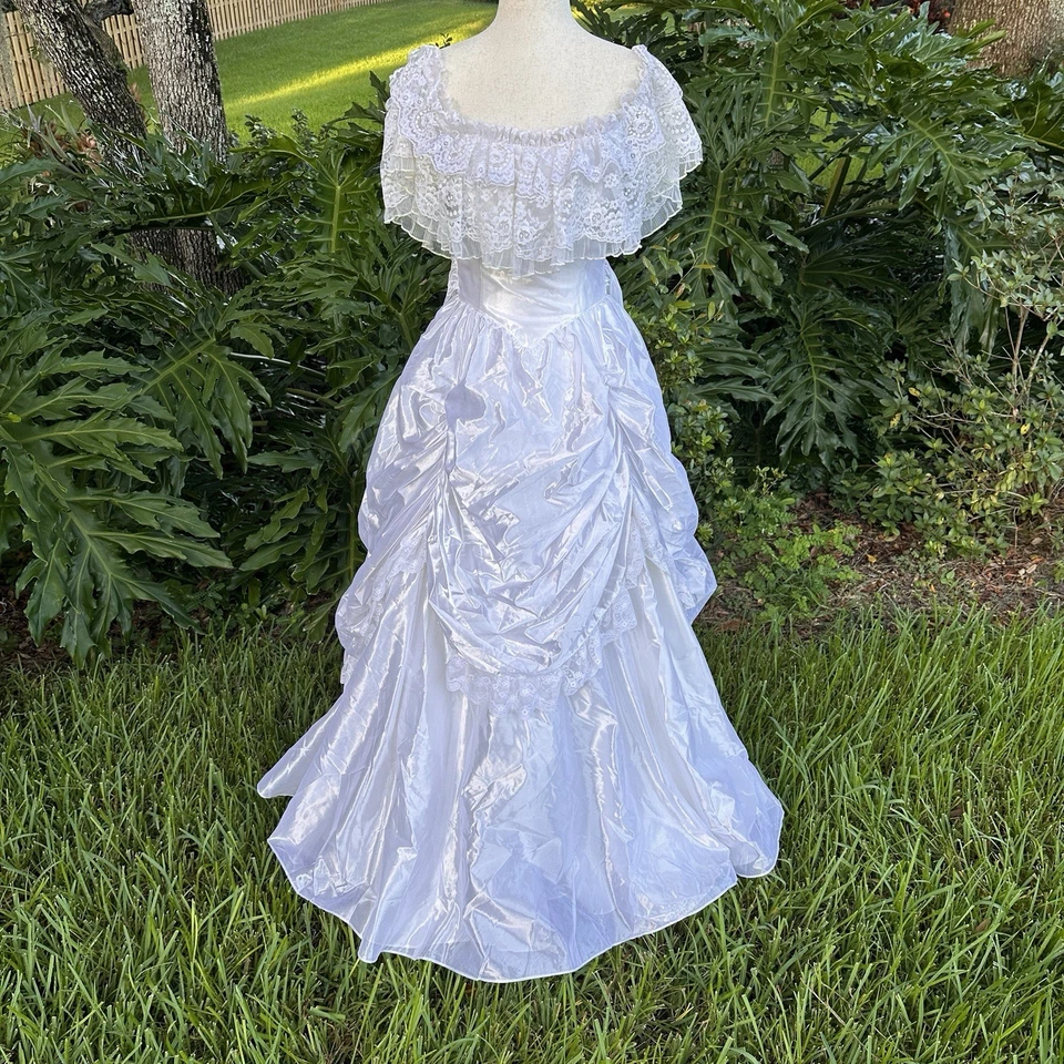 VTG 80’s Jessica McClintock Bridal White Satin Lace Dress-Size 7  Victorian - Image 2 of 4