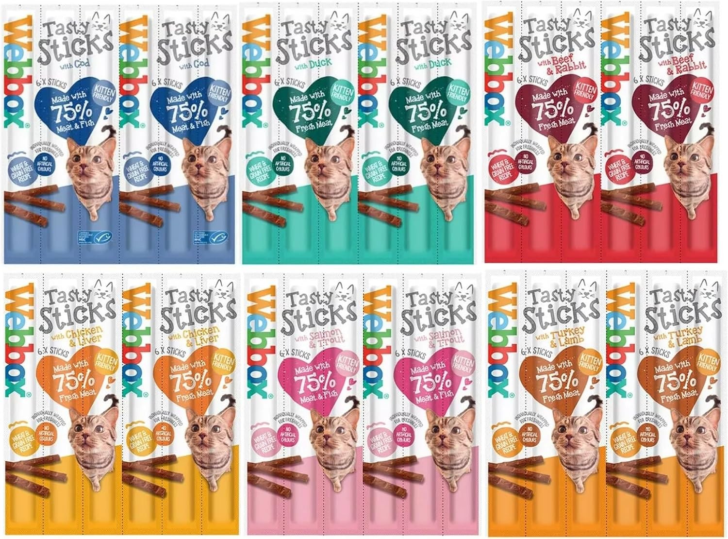 Webbox Mixed Cat Sticks 6 Pack - Duck Cod Beef Chicken Turkey Salmon Treats