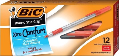 BIC Round Stic Grip Xtra Comfort Ballpoint Pen, Medium (1.2mm), Red, Pack of 9