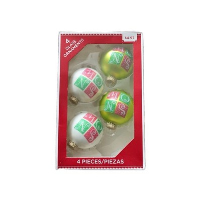4 Holiday Time White Green  Glass Ornaments Snow Christmas  Decor Glitter