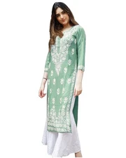 GoSriKi Women's Rayon Blend Straight Chikankari Embroidered Kurta