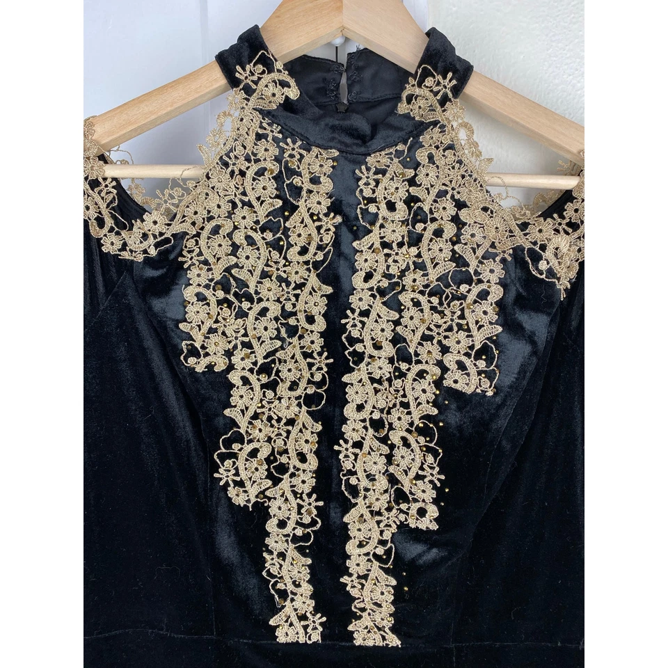 Vestido de cóctel Nikibiki para mujer L negro terciopelo dorado encaje lentejuelas hombro frío Foto 2 de 4