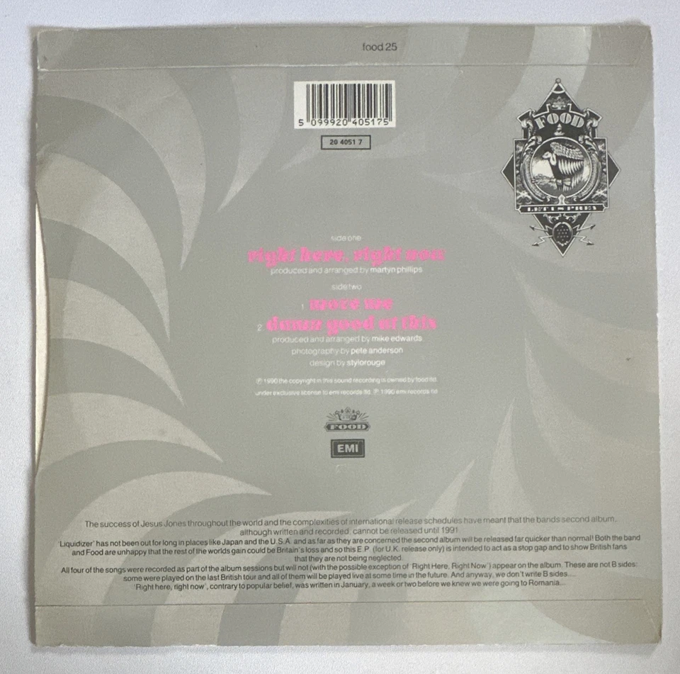 Jesus Jones ~ Right Here Right Now 7" Vinyl Record 1990 picture sleeve EX/EX - Image 3 of 4