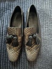 JIMMY CHOO Size 11.5 Black Gold Metallic Leather Slip On Loafers Pre-Worn