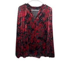 Ella Rafaella Blouse Women's Large Red Black Velvet Top Shirt Long Sleeve Shirt