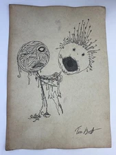 Tim Burton COA Art Painting Original Drawing Vintage Paper Signed