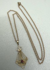 ESTATE Art Deco Solid 10k Yellow Gold & Red Glass Lavalier Pendant Necklace
