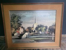 Large Mid Century Rowland Hilder Print Framed  Village Landscape On Board.