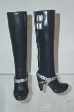 Barbie High Heel Boots Black Buckles Chain Silver Replacement Shoes