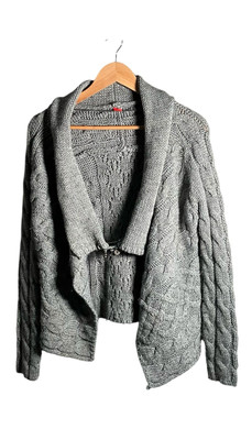 Esprit Strickjacke Damen Größe M Grau Wolle Zopfmuster Cottagecore Winter
