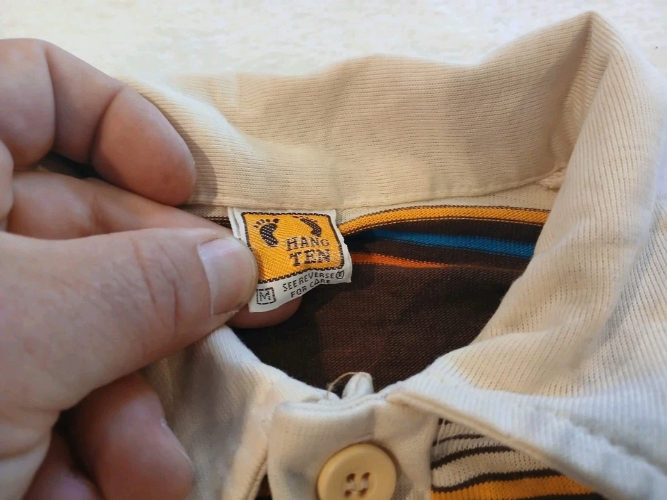 Vintage 70s HANG TEN Striped Collared Shirt Surf Skate Polo Size Med - Image 2 of 4