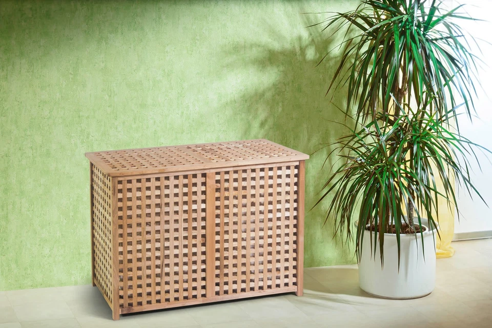 Wäschetruhe große Wäschebox mit 2 Fächer mit Leinensack Walnuss Holz - Bild 2 von 4