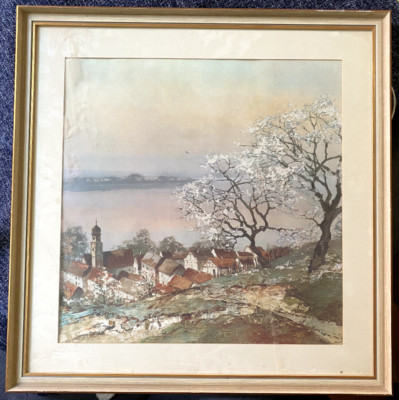 ::PICTURE PRINT LANDSCAPE ALPS SIGNED CHERRY BLOSSOM FRAME DECO VINTAGE ANTIQUE