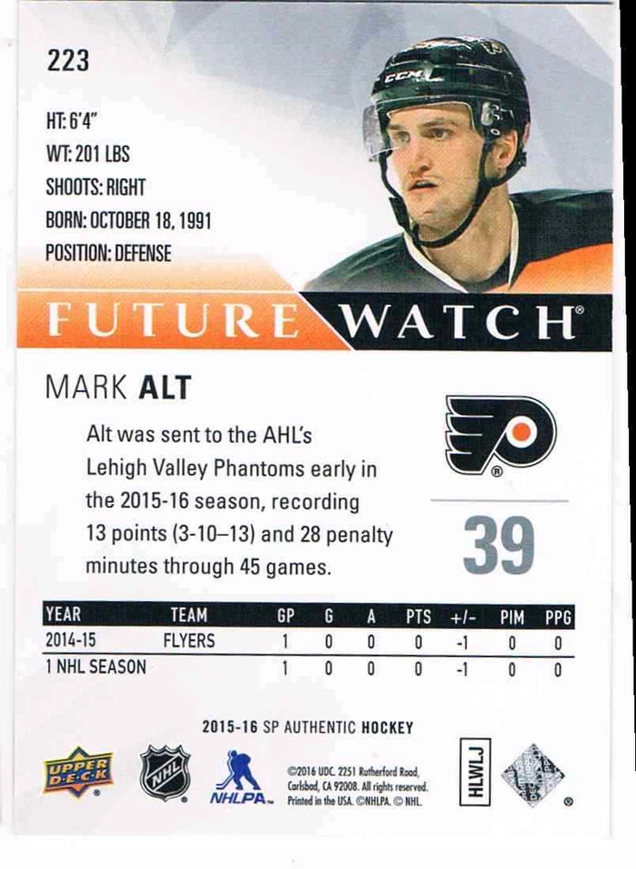 2015-16 SP AUTHENTIC FUTURE WATCH MARK ALT 181/799 PHILADELPHIA FLYERS #223 - Image 2 of 2