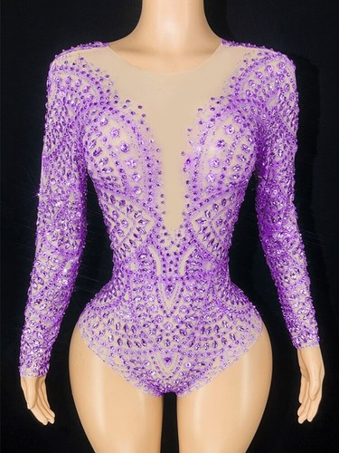 Mujeres Estrás Mangas Largas Malla Transparente Body Baile Disfraz Moda - Imagen 26 de 28
