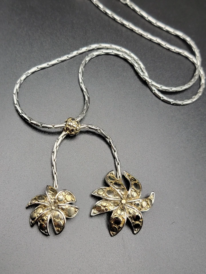 Collar de cadena de trigo ajustable de 20" con flores de punto tono dorado plateado amarillo Foto 3 de 4