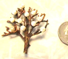 Vintage Pin Brooch TREE OF LIFE Faux Pearl Fruit Copper Tone Textured Branches