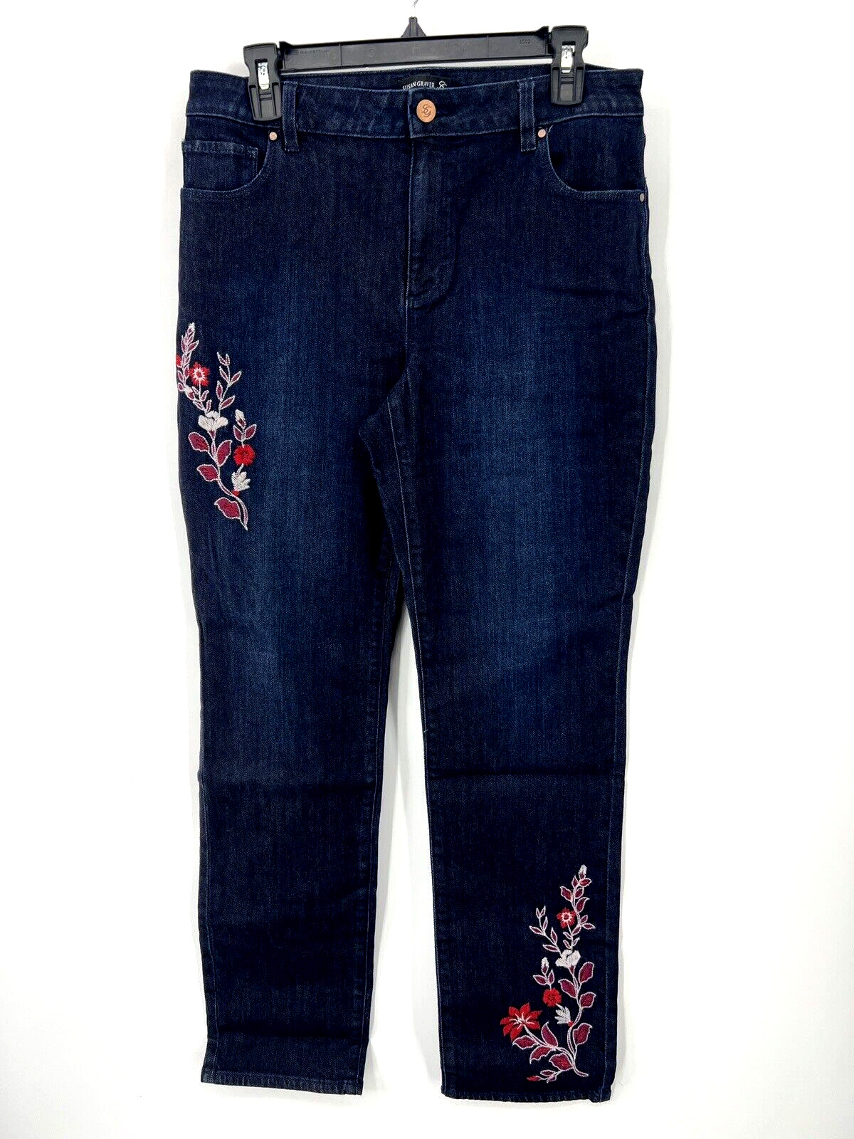 Susan Graver Jean Womens 10 Dark Wash Floral Embroidered Denim Pants NWT
