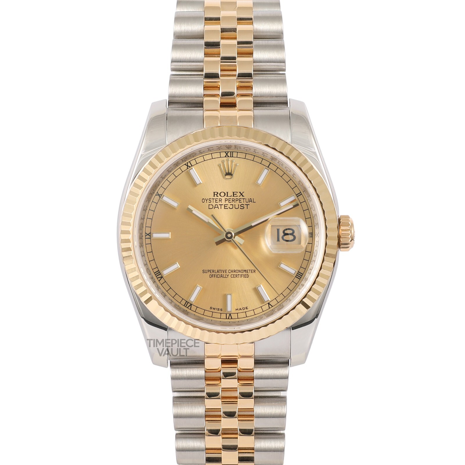 ROLEX DATEJUST 116233 GOLD & STEEL 36MM CHAMPAGNE STICK DIAL 18K FLUTED BEZEL
