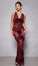 🖤 Pretty Little Thing Burgundy Black Floral Glitter Knot Detail Maxi Dress 14