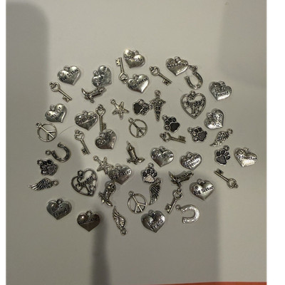 Silver Charm/Charms Lot: Heart Key Wing Paw Peace Horseshoe lot of 50