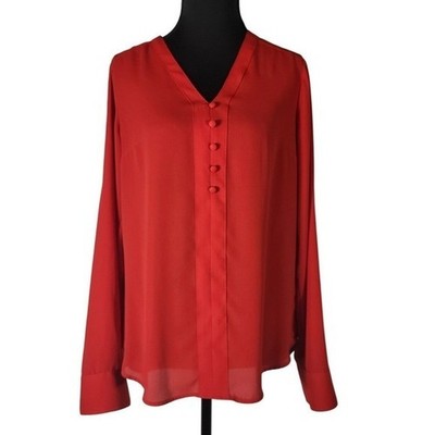 Express Womens Red V-Neck Roll-Tab Sleeve Button Front Blouse Size S