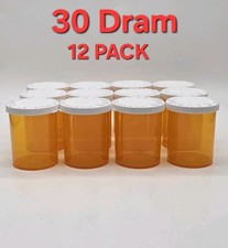 12 Empty Plastic Medicine Bottles Snap-on Caps, 30 Dram Amber