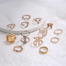 Women Alloy Ring Set 13 Pcs Geometric Diamond Butterfly Love Rings