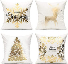 Christmas Throw Pillow Covers Cases 16X16 Set of 4 White Gold Decorations Winter