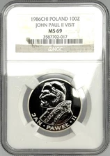 1986 CHI Poland 100 Zlotych, John Paul II - GEM UNC, NGC MS69, Mintage 80 pcs