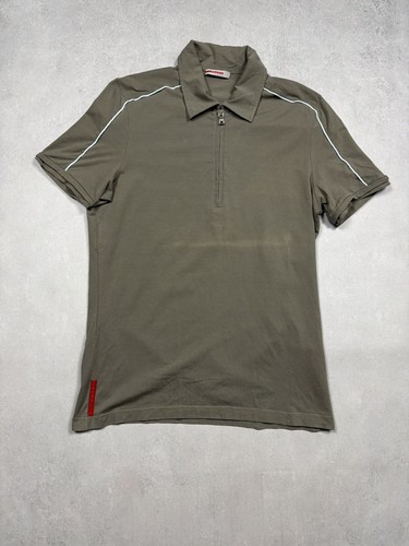 Vintage 00s Prada Sport Milano Red Tab 1/3 Zip Polo Shirt Olive Green Mens L