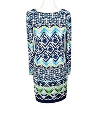 Vince Camuto Blue Green Geometric Print Long Sleeve Stretch Sheath Dress 12 *EUC