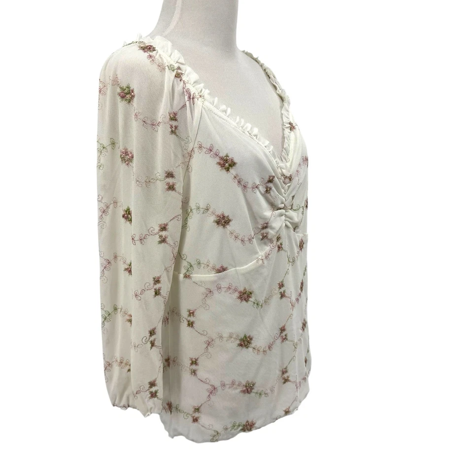 Vintage Newport News Eyelet Top Blouse Babydoll Y2K Ivory Mesh XL Fairy - Image 3 of 4