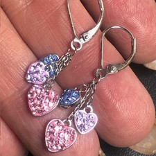 8946 Sterling Silver Dangle Earrings Pink Blue Heart Crystal 1.5 inch