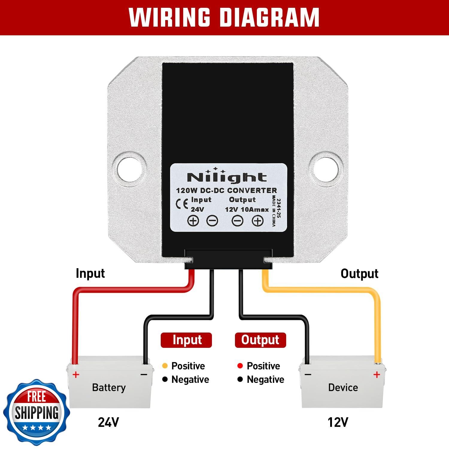 Nilight 24V to 12V Voltage Converter 120W 10A Regulator Step Down to 12VDC Wa