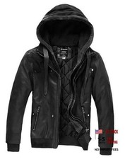 Mens Leather Jacket with Removable Hood Motorcycle Medium Pure Black thick 