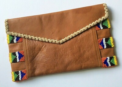 Boho Clutch Purse Suede Leather Ethnic Beaded Trim Parcel & Journey