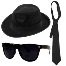 AMERICAN GANGSTER KIT TRILBY HAT BLACK GLASSES TIE FANCY DRESS BLUES BROTHERS