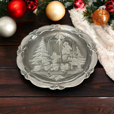 Vintage Crystal Clear Studios 1992 Christmas Joy Glass Platter 14