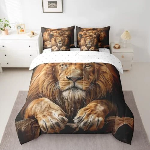 3D Lion Comforter Set with Sheets Lion Animal Print 7 Piece King Yellow - Picture 2 of 7