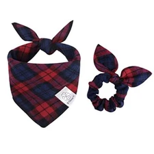  Christmas Dog Bandanas & Matching Scrunchie Set Plaid Dog Small 04-plaid red