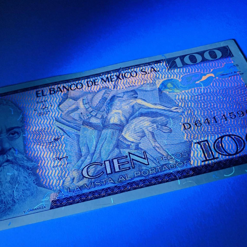 Billete mexicano de 100 pesos. Moneda colorida Revolución México 1982 UNC. Arte UV Foto 3 de 4