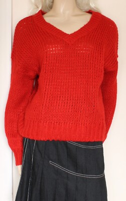 QED roter weicher Grobstrick Oversize V-Ausschnitt kastig Cropped Pullover Gr. 12-14-16