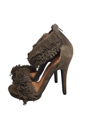 Jeffrey Campbell Burke Fringe Suede Heels Sandal- Forest Green -Size 